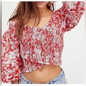 Free People Red Floral Off-Shoulder Blouse